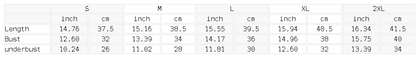 Size chart for the Women's Tonal Paneled Yoga Crop Tank Top