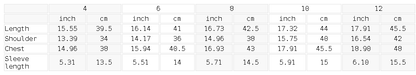 Size chart for the Women's Topstitch Yoga T-Shirt