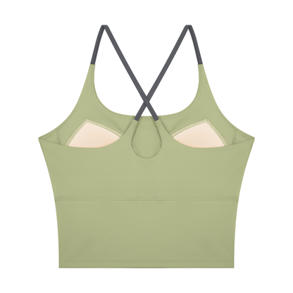 Women's U-Neck Color Block Yoga Tank Top in bean green, alternate angle