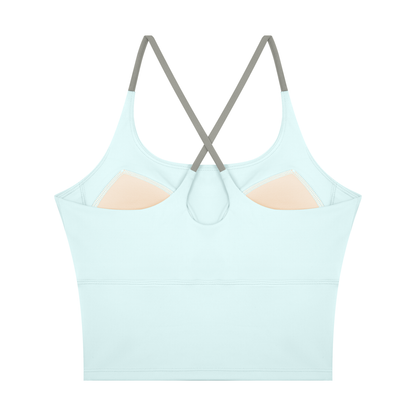 Women's U-Neck Color Block Yoga Tank Top in light blue, alternate angle
