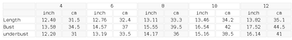 Size chart for the Women's U-Neck Yoga Crop Tank Top