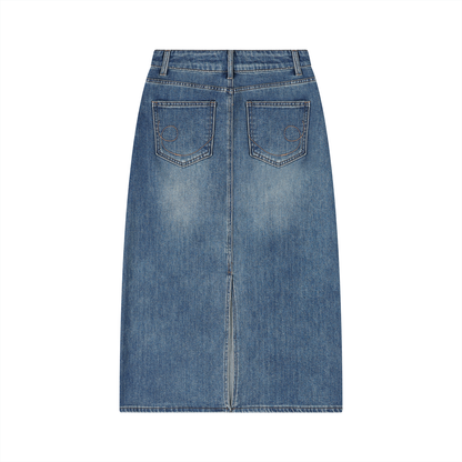 Women's Vintage Wash Denim Skirt in jeans blue, alternate angle