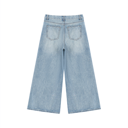 Women's Vintage Wash Distressed Wide Leg Jeans in blue, alternate angle