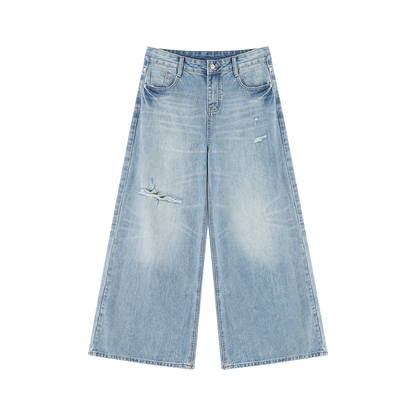 Women's Vintage Wash Distressed Wide Leg Jeans in blue