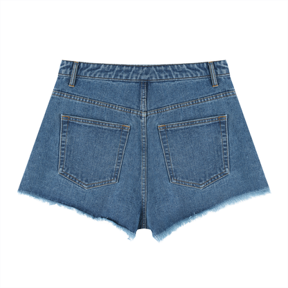 Women's Vintage Wash High Rise Denim Shorts in jeans blue, alternate angle