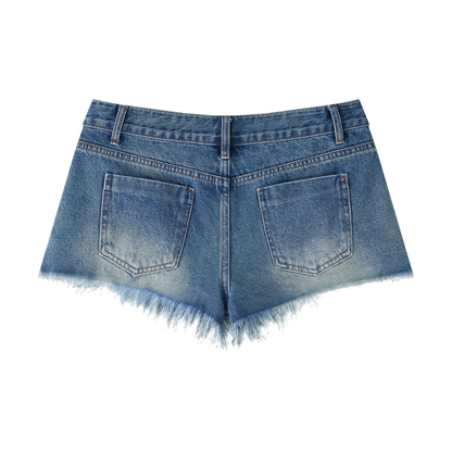 Women's Vintage Wash Raw Hem Denim Shorts in blue, alternate angle