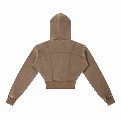 Women's Vintage Washed Cropped Fleece Hoodie in coffee, alternate angle