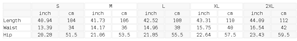 Size chart for the Women's Wide Leg Raw Edge Sweatpants