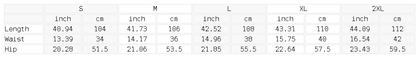 Size chart for the Women's Wide Leg Raw Edge Sweatpants