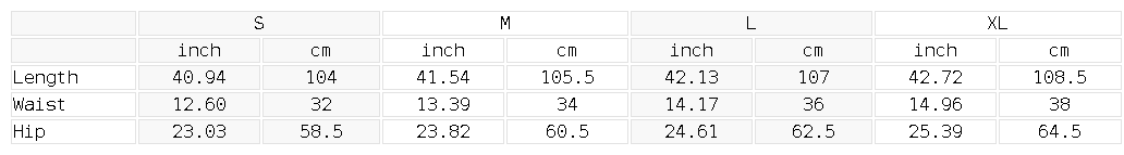 Size chart for the Women's Wide Leg Sweatpants