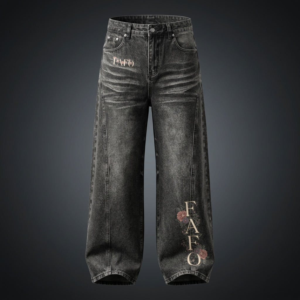 Black vintage wash wide leg jeans with FAFO lettering and pink flowers on the lower leg, shown against a dark studio backdrop