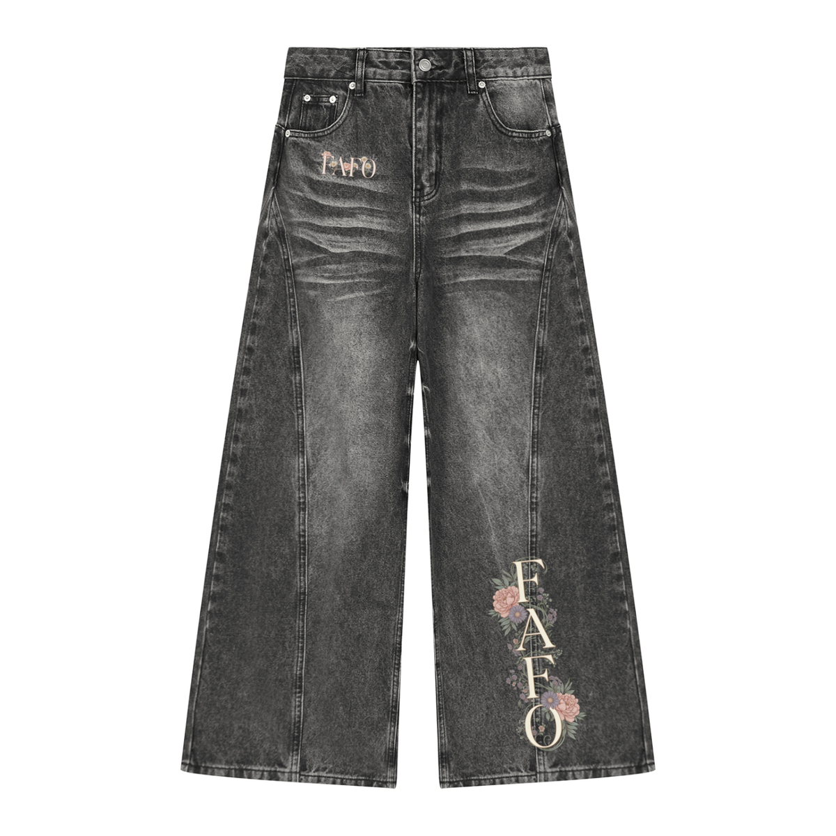 Front of black vintage wash wide leg jeans with small FAFO lettering on the upper thigh and tall FAFO lettering with pink flowers down the lower leg