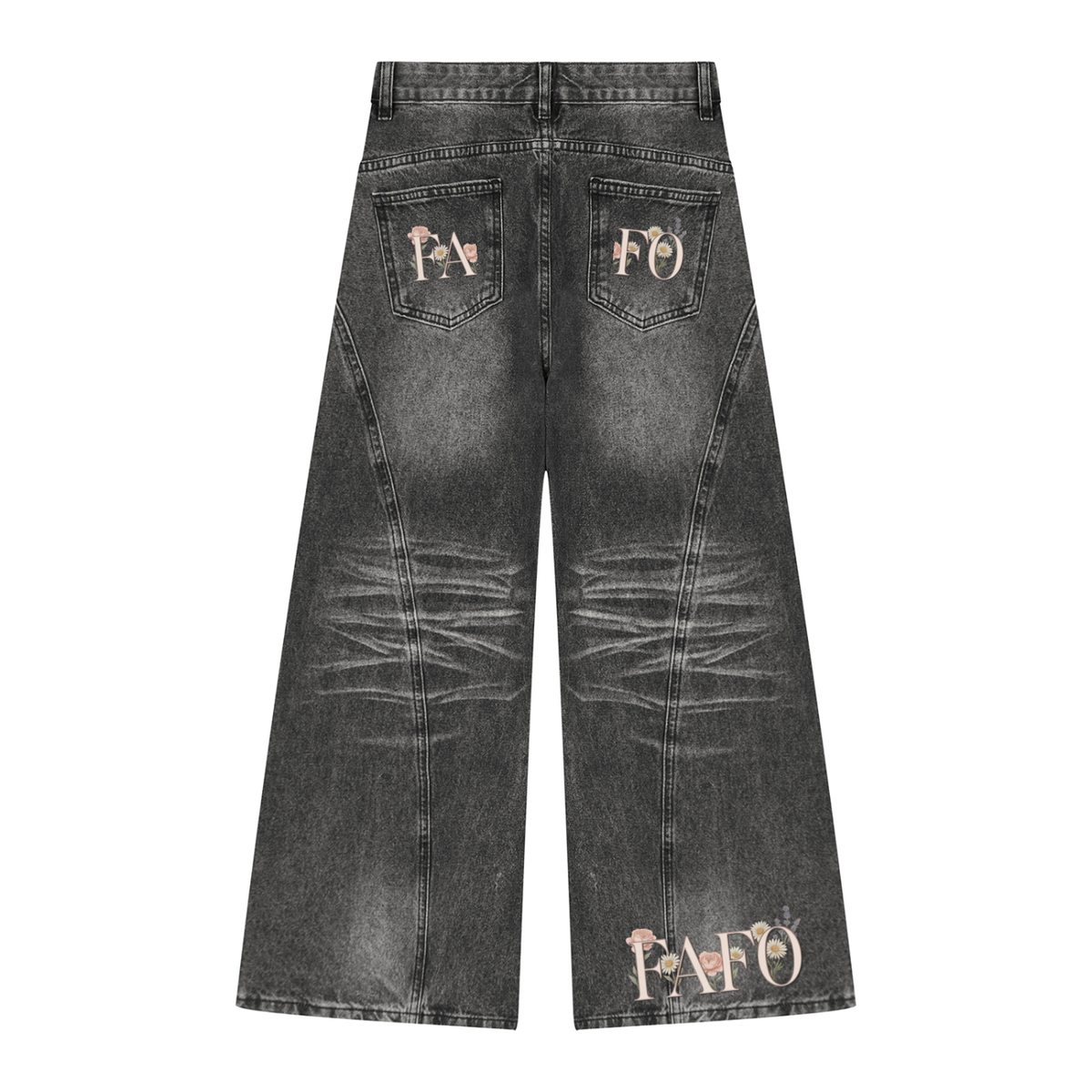 Back of black vintage wash wide leg jeans with FAFO lettering on the back pockets and across the back hem