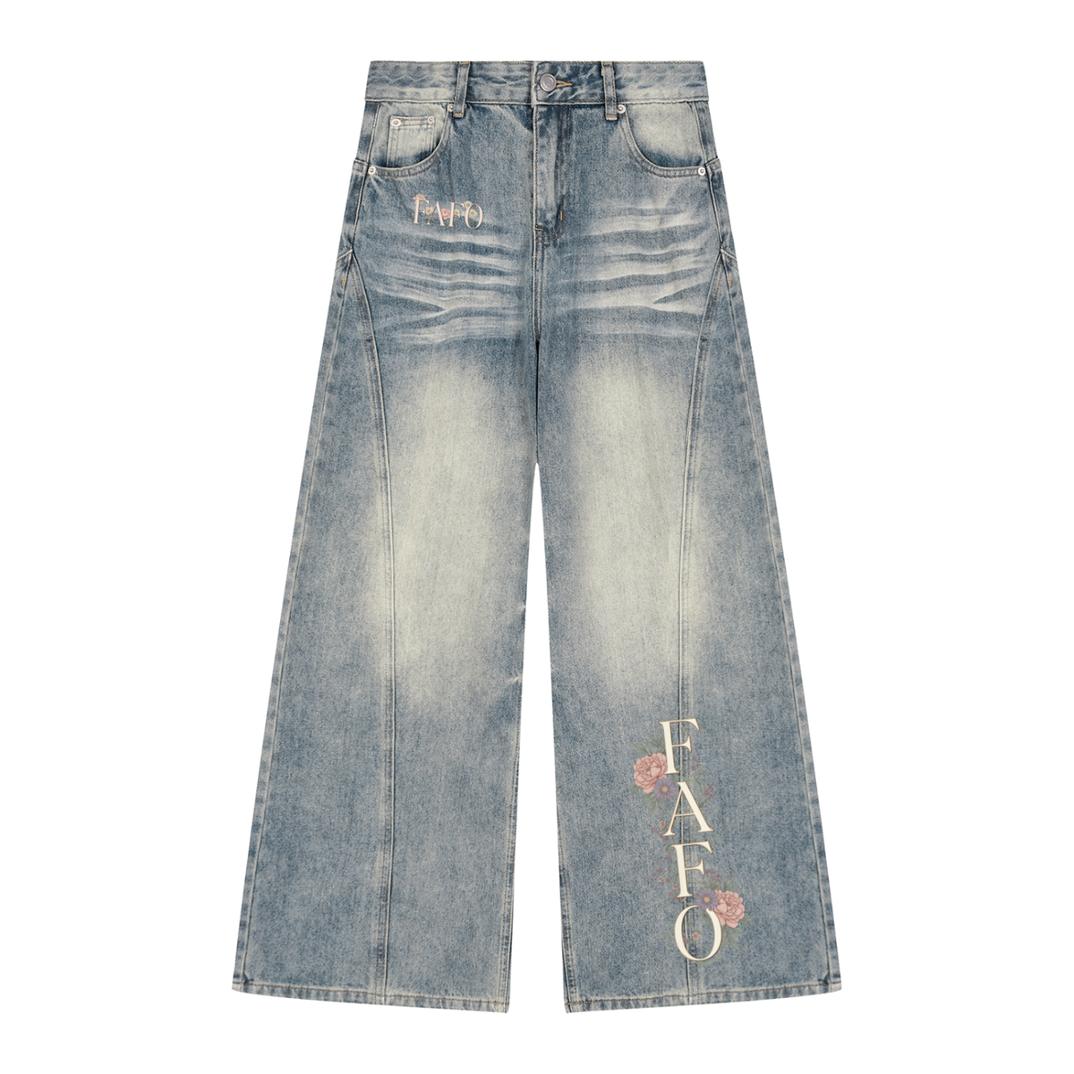 Front of jeans blue vintage wash wide leg jeans with small FAFO lettering on the upper thigh and tall FAFO lettering with pink flowers on the lower leg