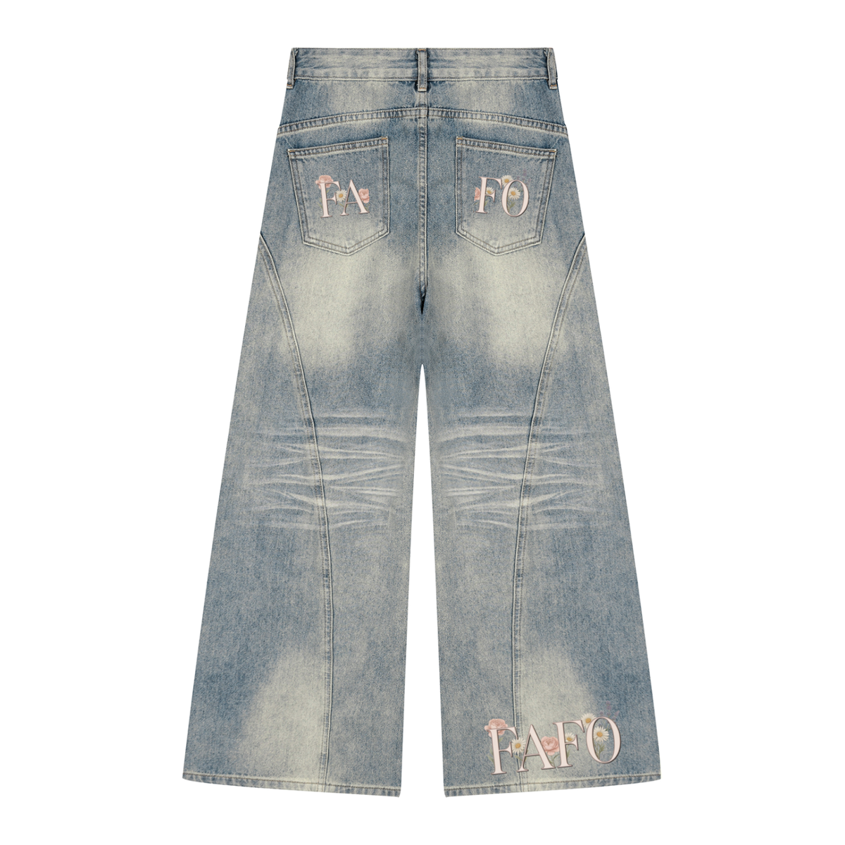 Back of jeans blue vintage wash wide leg jeans with FAFO lettering on the back pockets and across the back hem