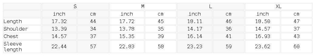 Size chart for the Women's Yoga Cover Up Tops