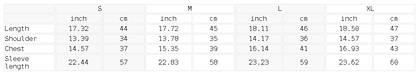 Size chart for the Women's Yoga Cover Up Tops