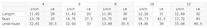 Size chart for the Women's Yoga Sports Bra
