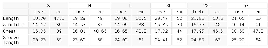Size chart for the Women's Yoga Sports Full Zip Jacket