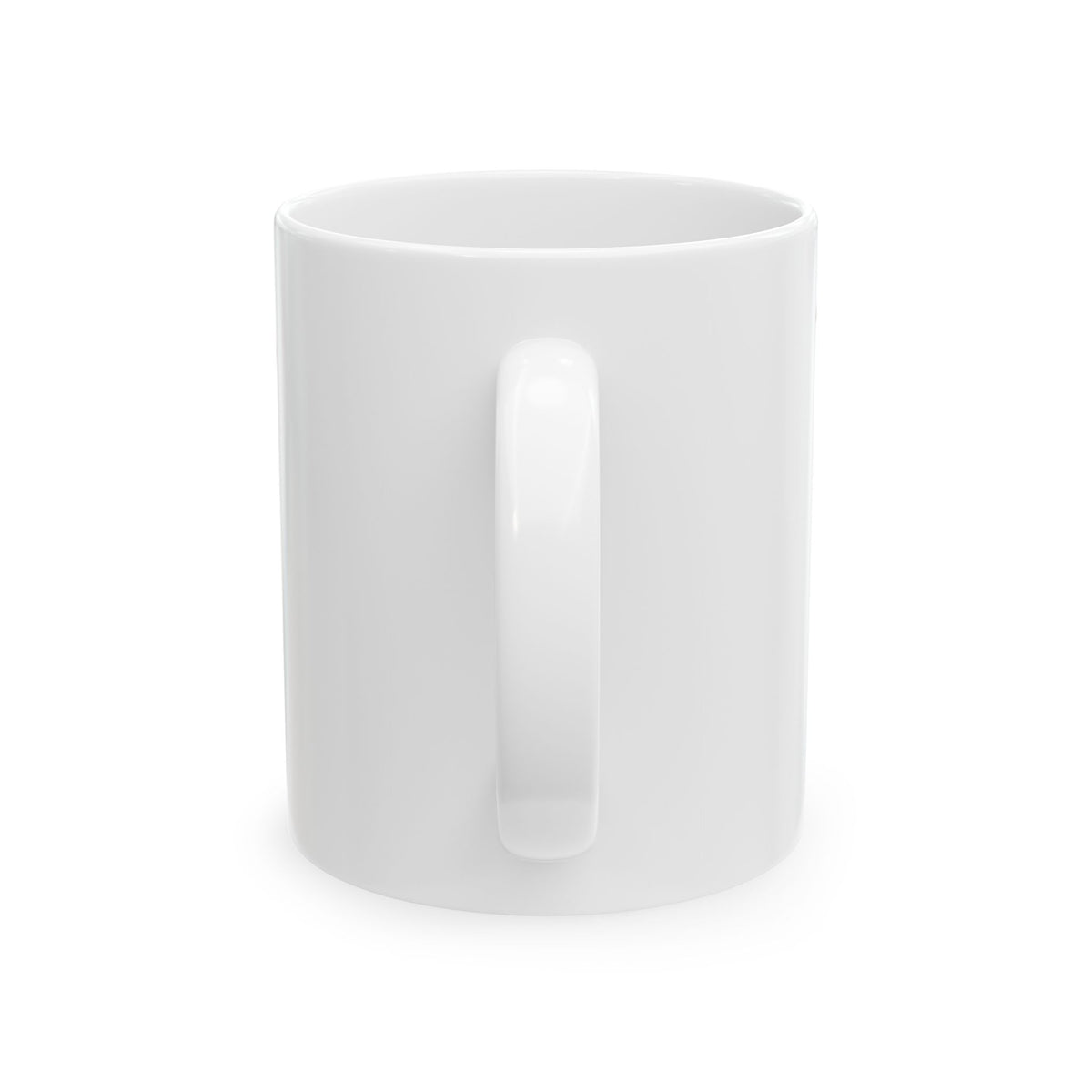 Funny coffee mug printed with "WORK IS A SCAM / THE COFFEE IS REAL", back view showing the handle