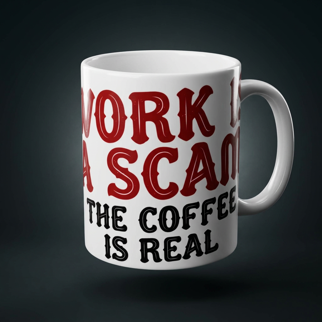 Funny coffee mug printed with "WORK IS A SCAM / THE COFFEE IS REAL", shown on a dark studio background