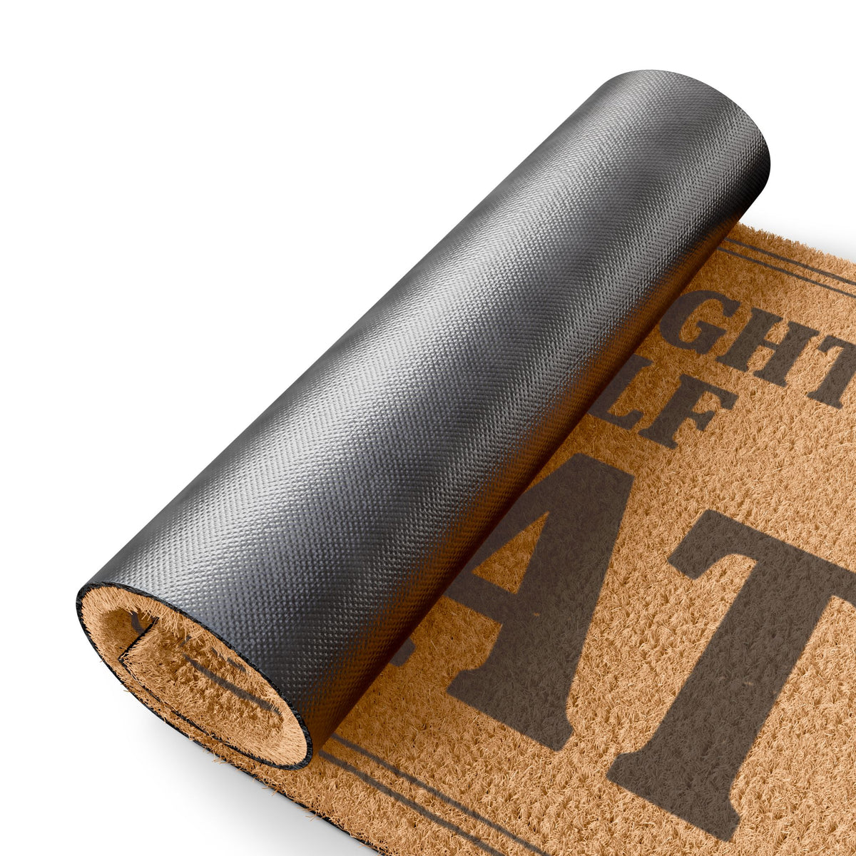 Rolled-up corner of the You Brought Yourself Great coir doormat showing the black vinyl backing