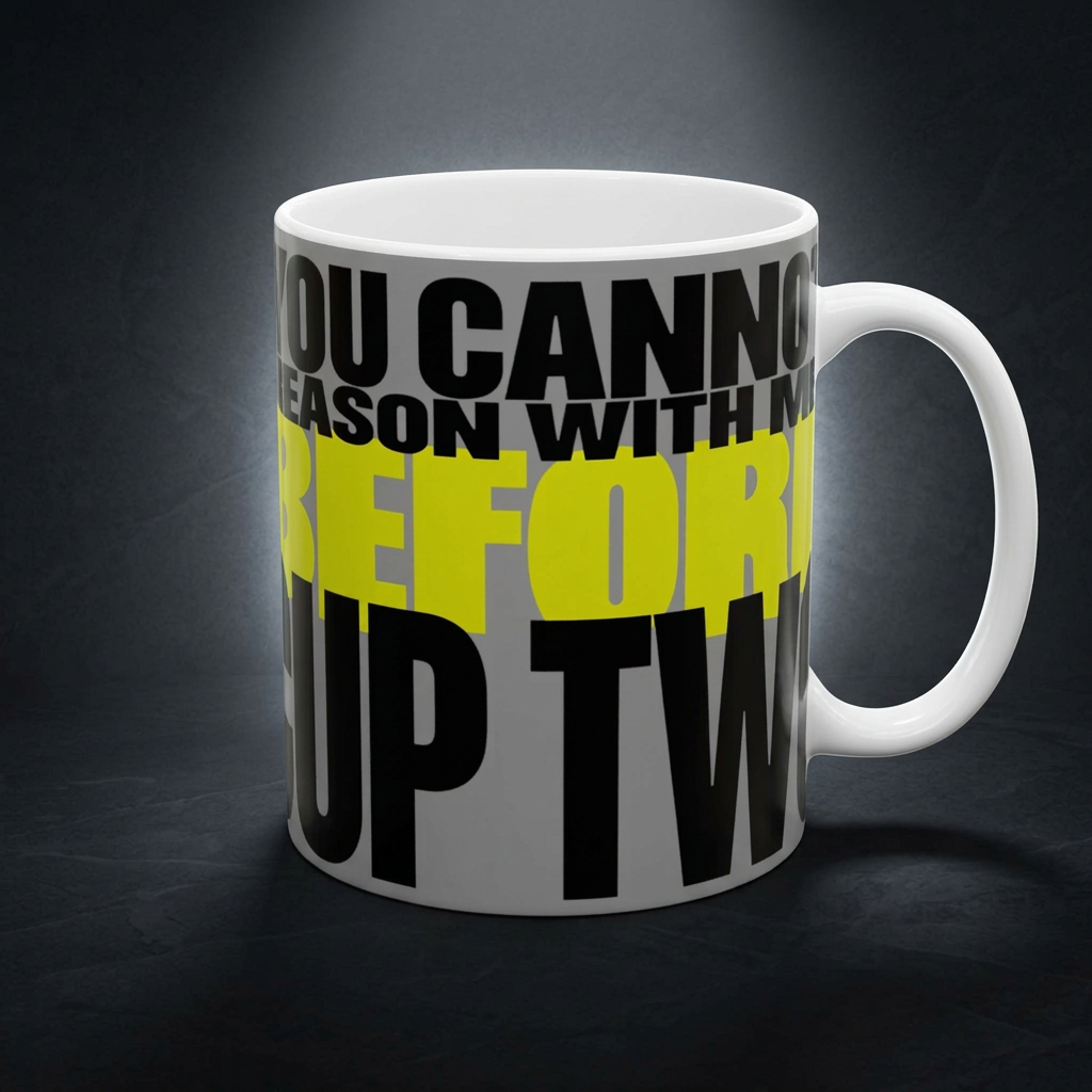 Funny coffee mug printed with "YOU CANNOT REASON WITH ME BEFORE CUP TWO", shown on a dark studio background