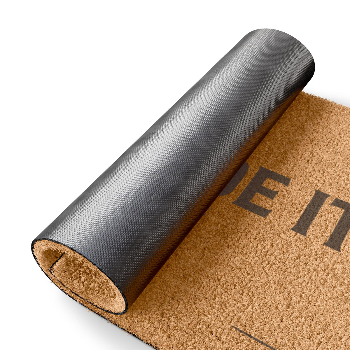 Rolled-up corner of the You Made It Impressive coir doormat showing the black vinyl backing